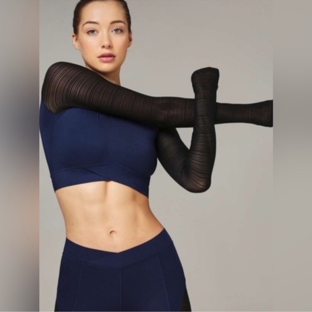 IVY PARK Crop Top Sheer Long Sleeve Blue/Black Tank with Thumbholes Size M